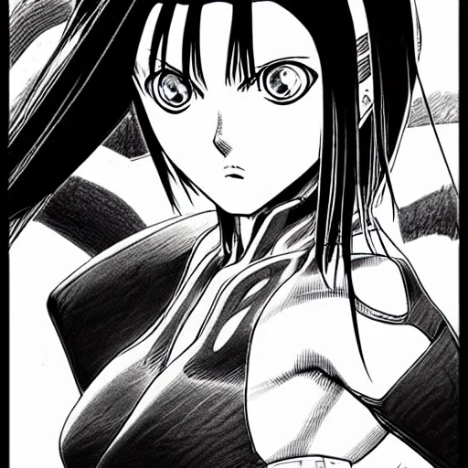 Image similar to alita by yukito kishiro. medium shot. black and white manga. pencil drawing.