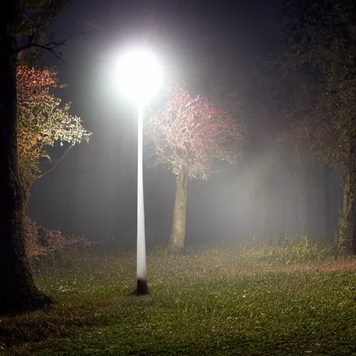 Prompt: forrest illuminated by glowing spheres, mist on ground, dramatic, night, 5 5 mm