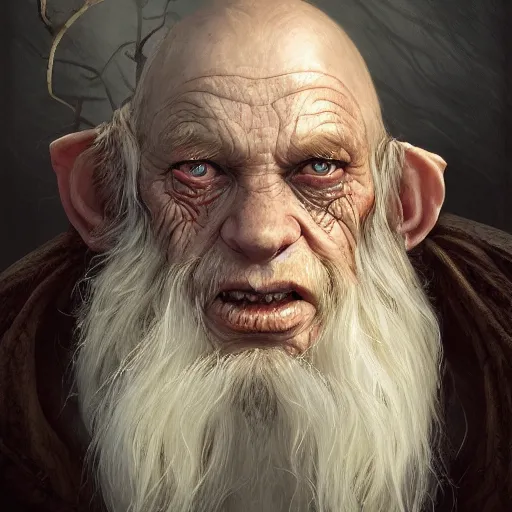 Image similar to a detailed matte head - on portrait painting of an ugly old hobbit man, with a large scar and missing teeth portrait by charlie bowater, lise deharme, wlop, tending on arstation, dungeons and dragon, dnd, pathfinder, fanart, oil on canvas