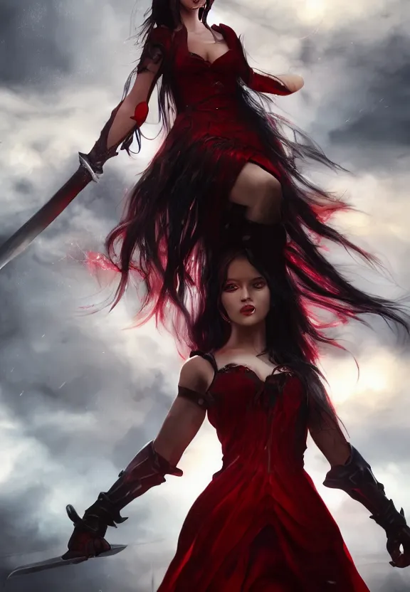 Prompt: a beautiful fierce long black haired woman wearing red dress wielding black sword posing gracefully heroically, heavenly moonlit clouds background, close up shot, artstation, extremely detailed woman, stunning volumetric lighting, hyper realism, fantasy 4k