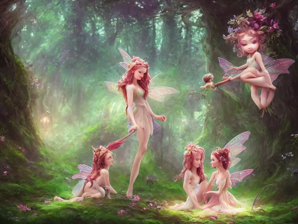 Image similar to two cute fairy in the dreamy forest, fantasy, dreamlike, 8 k resolution, hyper detailed, d & d, character design, digital painting, trending on artstation, sharp focus, illustration, art by artgerm, viktoria gavrilenko, hoang lap, fuji choko, steve zheng