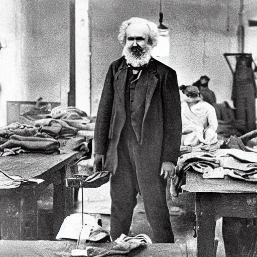 Image similar to Karl Marx smiling, working in sweatshop, happy, photograph