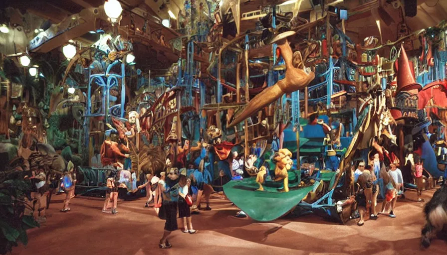 Prompt: 1990s photo of inside the Dogboy's Pirate Adventures show ride at Universal Studios in Orlando, Florida, children riding an animatronic dog through a Pirate village , cinematic, UHD