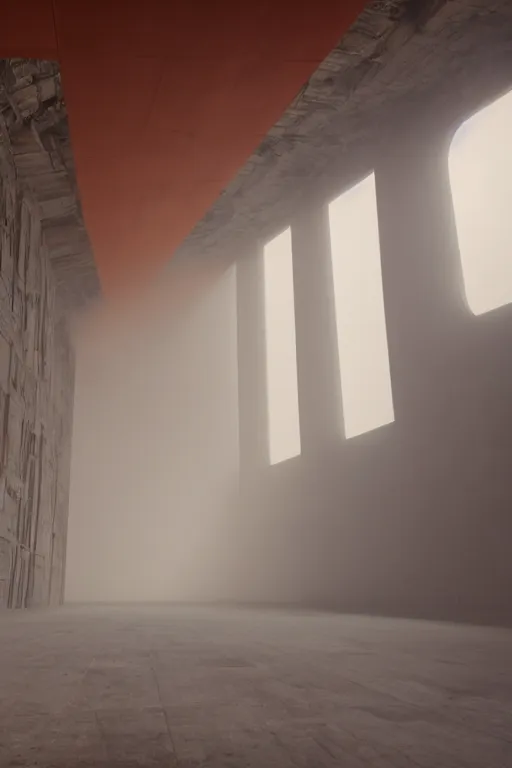 Image similar to inside a tall vetical room, convoluted halls, monolithic, open architecture, dust cloud enter through giant open windows, high winds, concrete pillars, ancient sci - fi elements, on an alien planet, sun is blocked by dust, pale orange colors, cinematographic wide angle shot, f / 2 4, motion blur