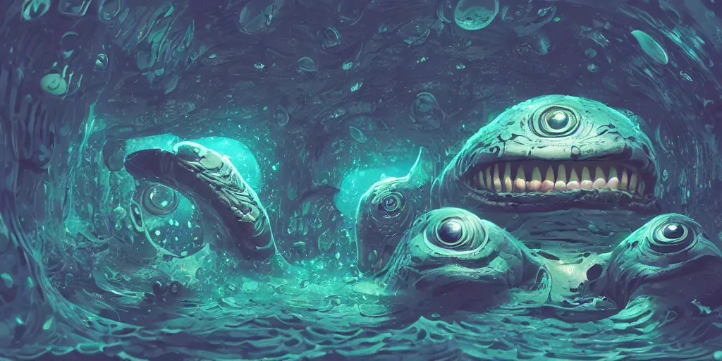 Image similar to of an intricate deep sea with strange cute friendly happy creatures with huge eyes, long tongue, round teeth and goofy funny face, appearing from the background, in the style of gehry and gaudi, macro lens, shallow depth of field, ultra detailed, digital painting, trending artstation, concept art, illustration, cinematic lighting, photorealism, epic, octane render