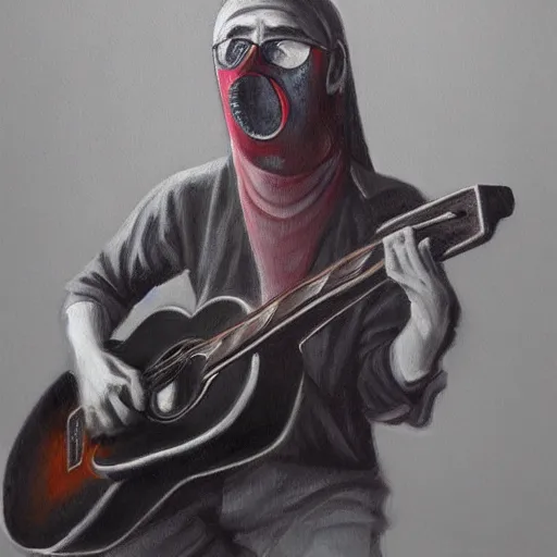 Image similar to a person with a mask playing a guitar, an ultrafine detailed painting by aleksander orłowski, artstation contest winner, sots art, concept art, da vinci, sketchfab