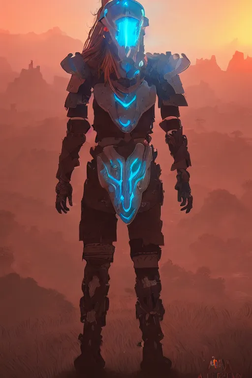 Image similar to combination suit armor aloy horizon forbidden west horizon zero dawn radiating a glowing aura global illumination ray tracing hdr fanart arstation by ian pesty and alena aenami artworks in 4 k tribal robot ninja mask helmet backpack