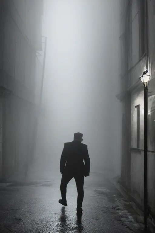 Prompt: james sunderland walking down a dark foggy alley