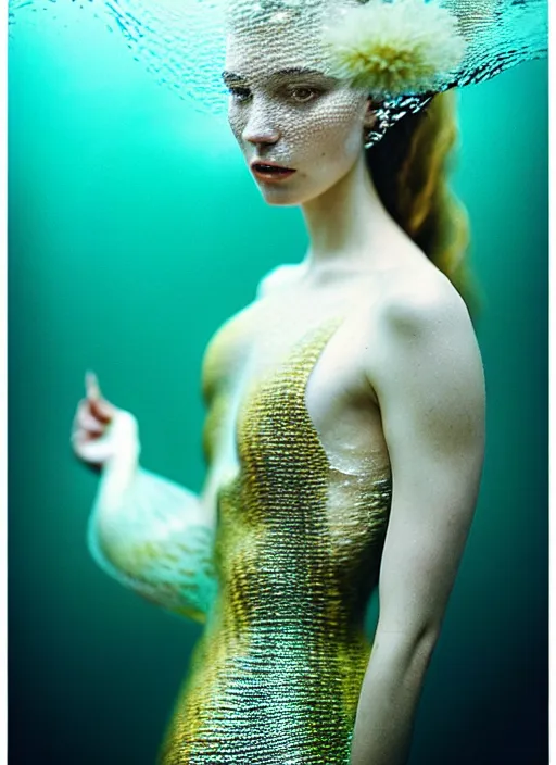 Image similar to kodak portra 4 0 0 photo portrait of a beautiful sirens floating in a crystal tank in style of tim walker, amphibian skin dress intricate detailed scales, 5 0 mm lens, f 2. 4, elegant, highly detailed, sharp focus, ethereal, out worldly colours, emotionally evoking, head in focus, soft blur light dreamy underwater, volumetric lighting, epic fantasy