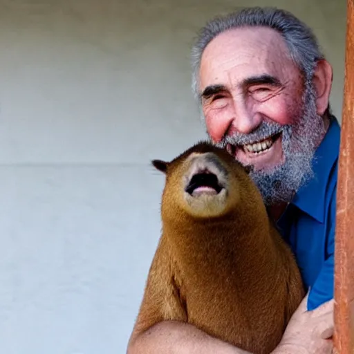 Prompt: photo of Fidel Castro smiling, holding his pet Capybara, 50mm