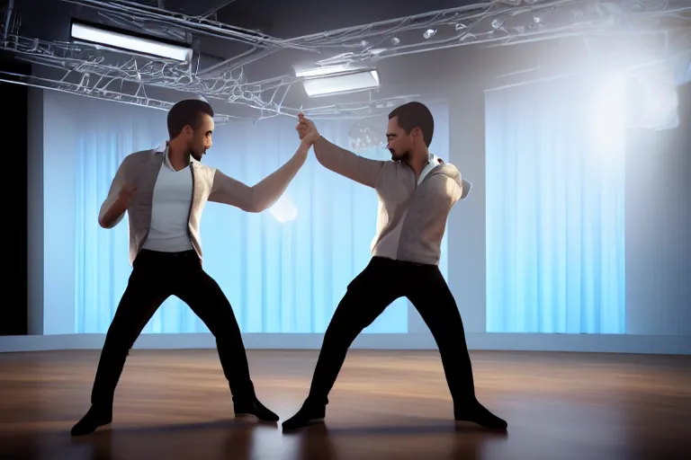 Image similar to still photo of bachata dancing, highly detailed, photorealistic portrait, bright studio setting, studio lighting, crisp quality and light reflections, unreal engine 5 quality render