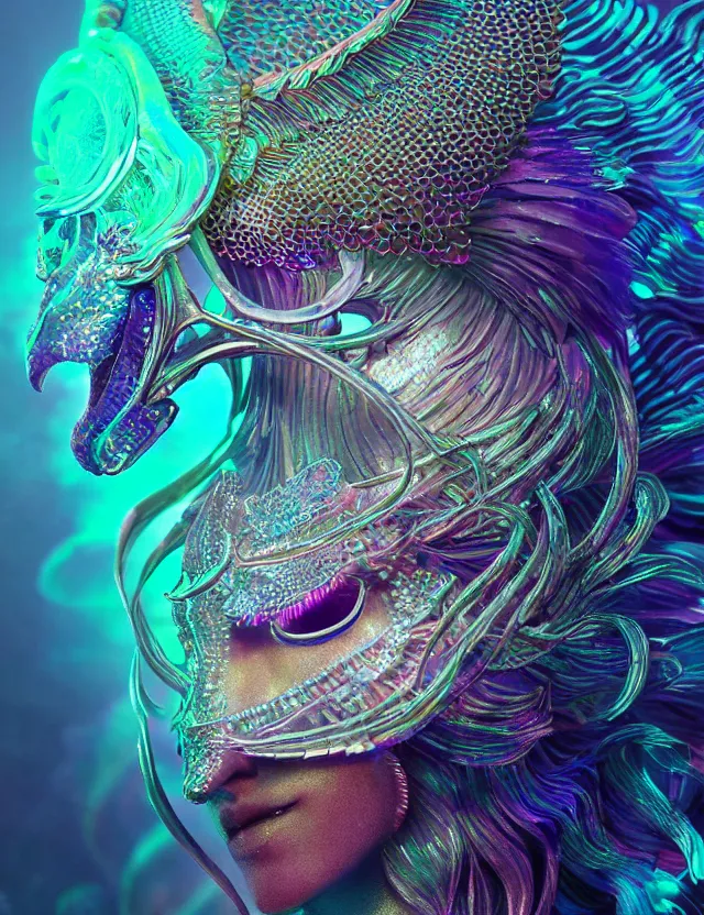 Prompt: classical dicroic goddess phoenix macro close - up portrait with mask made of ram skull. betta fish, jellyfish phoenix, bioluminiscent, plasma, ice, water, wind, creature, super intricate ornaments artwork by tooth wu and wlop and beeple and greg rutkowski