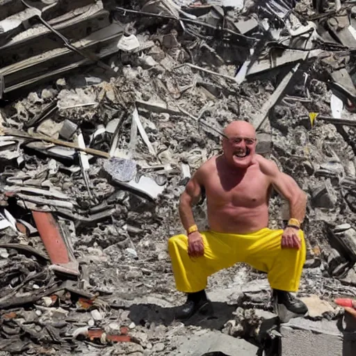 Image similar to a wide shot of a very drunk evil Rudy Giuliani squatting smiling wearing a yellow speedo on top of the world trade center rubble pile in new york