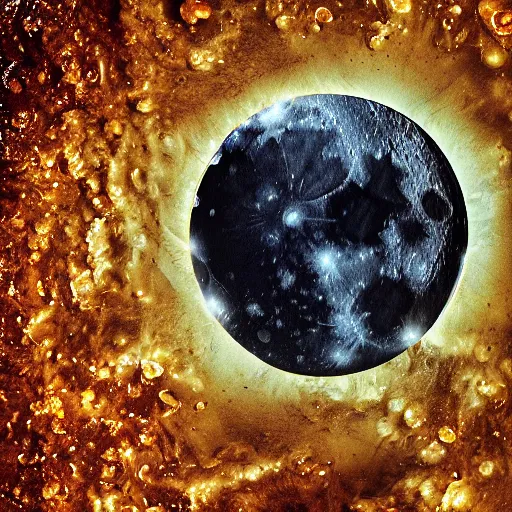 Image similar to the moon with honey poured on it, photorealistic, detailed, HDR, high contrast