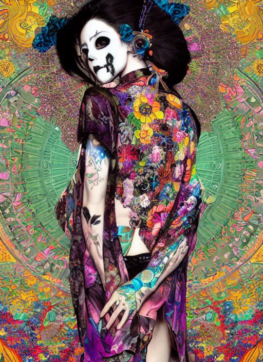 Image similar to cute punk goth fashion hippy fractal Día de los Muertos android girl wearing kimono made of circits posing by Zhang Jingna, psychedelic poster art of by Victor Moscoso Rick Griffin Alphonse Mucha Gustav Klimt Ayami Kojima Amano Charlie Bowater, masterpiece