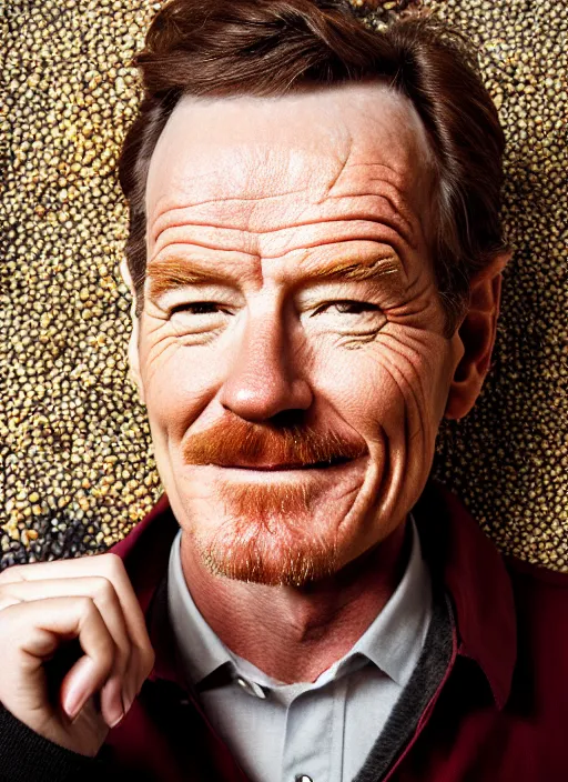 Image similar to closeup portrait of bryan cranston happy face surrounded by cranberries, food photography, natural light, sharp, detailed face, magazine, press, photo, steve mccurry, david lazar, canon, nikon, focus