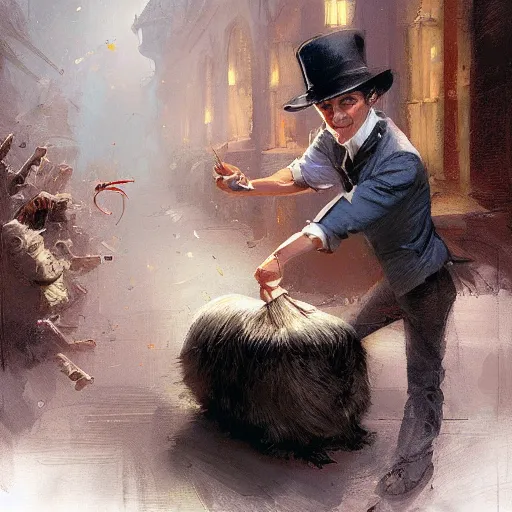 Prompt: a magician pulling a hat out of a rabbit painted by greg rutkowski wlop
