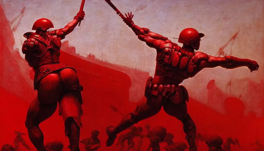 Prompt: only with red, a lightly armored gladiator in a crowded roman amphitheatre, crowd cheering, in the style of beksinski and edward hopper and rodcenko and yue minjun and rolf armstrong, intricate and epic composition, red by caravaggio, highly detailed, masterpiece, red light, artstation