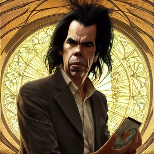 Prompt: Nick Cave pondering his orb, highly detailed, digital painting, artstation, concept art, smooth, sharp focus, illustration, art by todd lockwood and magalie villeneuve and alan lee and artgerm and greg rutkowski and alphonse mucha