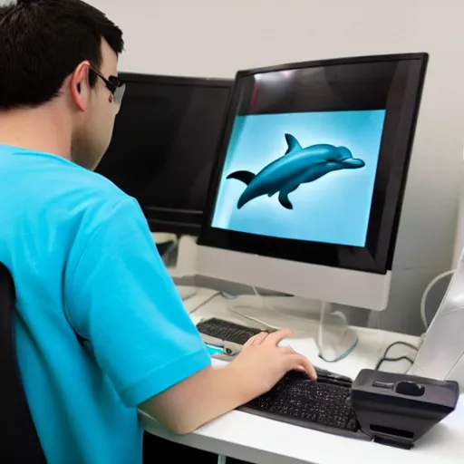 Image similar to A chemist wearing a dolphin outfit playing games on a computer