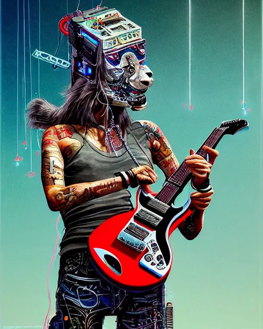 Prompt: a portrait of an anthropomorphic cyberpunk lama shredding an electric guitar by sandra chevrier, by jon foster, detailed render, tape deck, epic composition, cybernetics, 4 k realistic, cryengine, realistic shaded lighting, sharp focus, masterpiece, by enki bilal