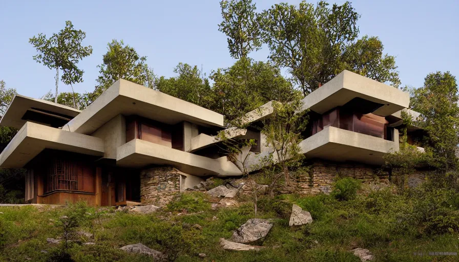Prompt: small modern house, tibetan inspired architecture, on a green hill between trees and big boulders, frank lloyd wright, photorealistic, cyberpunk