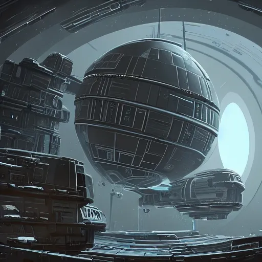 Prompt: a super structure inspired by the death star floating in the space, with spaceship coming to it, by ian mcque and neil blevins