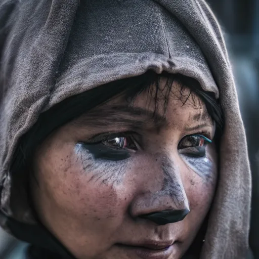 Image similar to photographic portrait of a poor techwear woman holding back tears, a futuristic shanty town burns in the background, closeup, sigma 85mm f/1.4, 4k, depth of field, high resolution, 4k, 8k, hd, full color