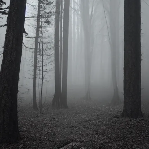 Image similar to found footage of a monster in the woods, atmospheric fog