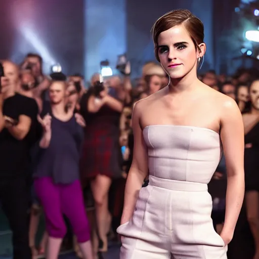 Image similar to Emma Watson doing the Fortnite Default dance, hyperrealistic, 8k UHD, studio photography, high quality, high detail, stunning lighting