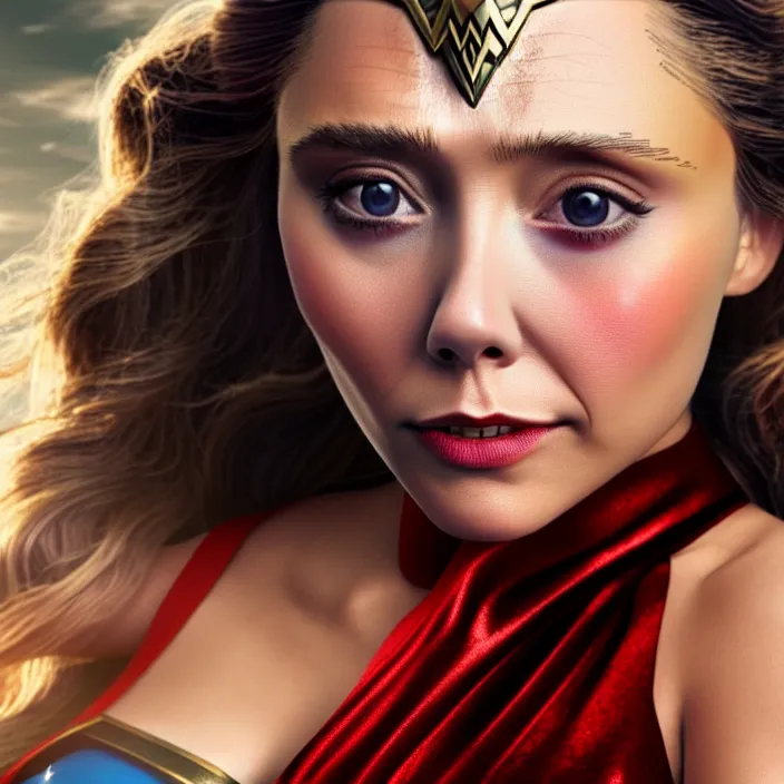 Image similar to full body photograph of elizabeth olsen as wonder woman. Extremely detailed. 8k