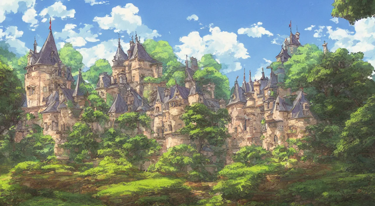 Image similar to a landscape painting of a French castle, with a garden, in the style of anime, by Studio Ghibli, trending on artstation