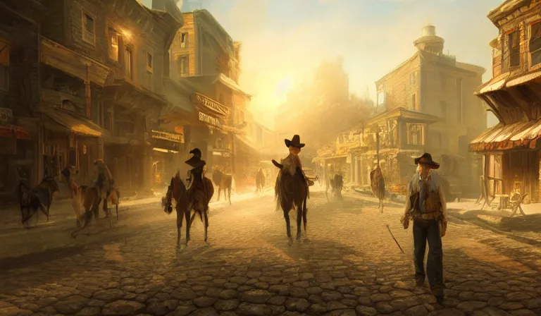 Prompt: old west town, sharp focus, intricate, elegant, digital painting, artstation, matte, highly detailed, concept art, illustration, volumetric lighting, bokeh light, art by greg olsen and liz lemon swindle