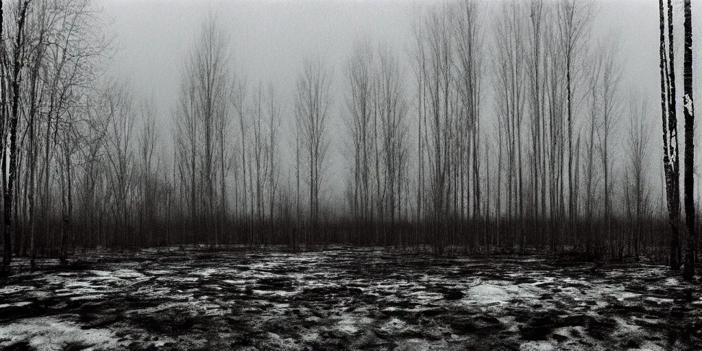 Prompt: movie still by tarkovsky, old creepy playground, in a swamp snowy with birch forest backround, cinestill 8 0 0 t 3 5 mm b & w, heavy grain, high quality, noir, natural textures, photorealistic, ambient occlusion, hd, dof, mud, fog