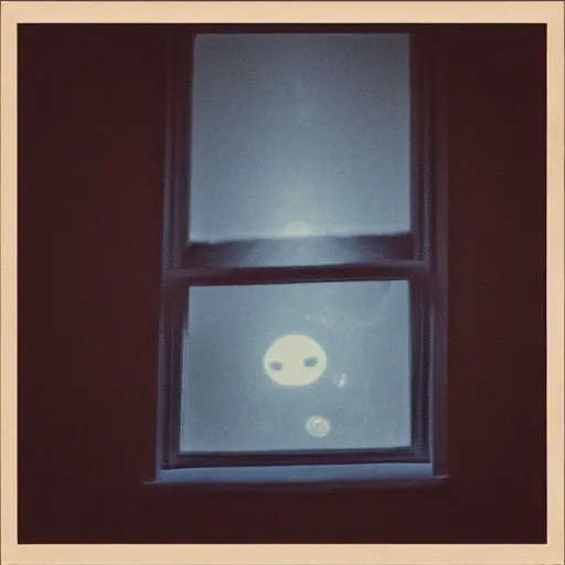 Image similar to grey alien at the window, blurry photo, night