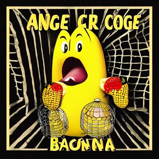 Image similar to an album cover about a cage with a banana inside it.