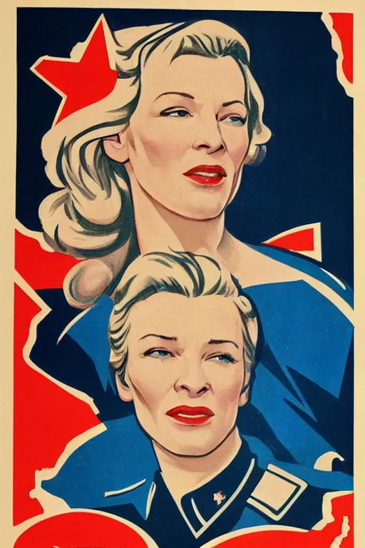 Image similar to soviet propaganda poster with cate blanchett calling on the world community to fight against Nazism, Ultra Detailed, soviet realism