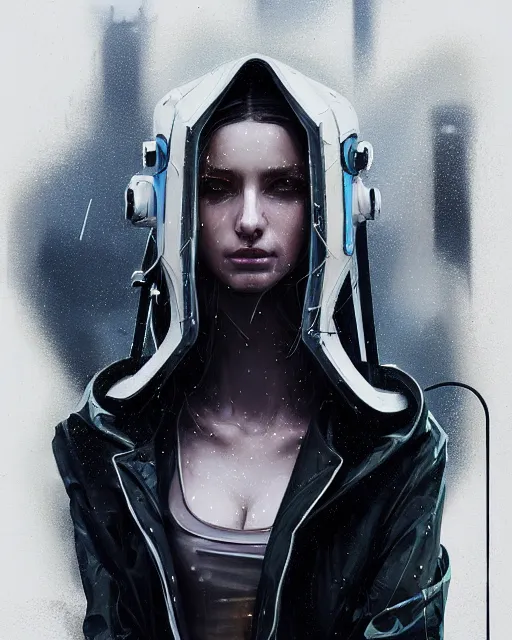 Image similar to detailed portrait of European Pretty Young Girl Storm Rain movie Jacket coat, Futuristic sci-fi fashion, royal attire by ismail inceoglu dragan bibin hans thoma greg rutkowski Alexandros Pyromallis Nekro Rene Margitte illustrated Perfect face, sharp chine, fine details, realistic shaded, fine-face, pretty face cyberpunk, neotokyo, synthwave, aesthetics, futuristic, low-emission-neon, bladerunner movie scene