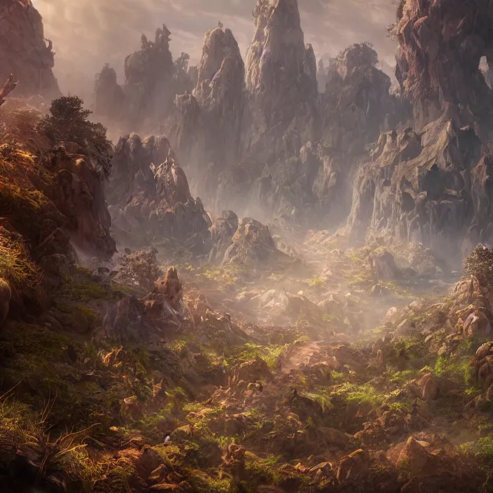 Image similar to a fantasy realm split down the middle with a forest on one side and a desert on the other, fantasy concept art, rendered in unreal engine, highly detailed, cinematic lighting, intricate, fantastical, video game cinematic, trending on artstation