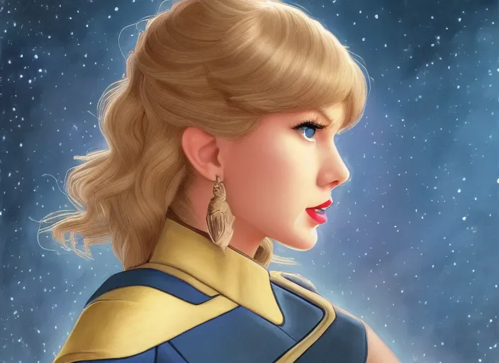 Image similar to a disney film still of taylor swift as a star trek officer, finely detailed features, closeup of the face, perfect art, dusk, blue hour, gapmoe yandere grimdark, trending on pixiv fanbox, painted by greg rutkowski, makoto shinkai, takashi takeuchi, alphonse mucha, akihiko yoshida