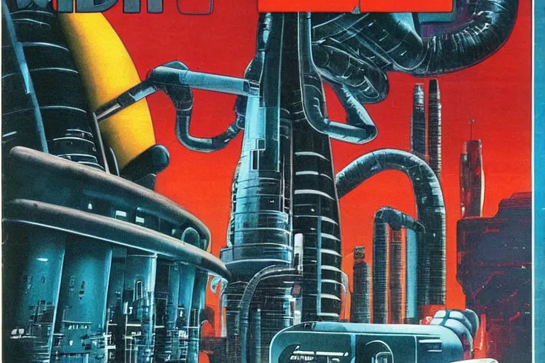 Image similar to 1979 OMNI Magazine Cover depicting a large Android emerging from a vat next to a large power generator. Cyberpunk Akira style by Vincent Di Fate