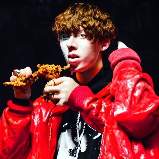 Image similar to bladee eating kfc chicken on stage at the drain gang concert