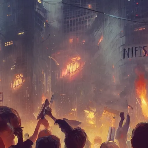 Prompt: protesters holding placards, detailed digital illustration by greg rutkowski, fire, android netrunner