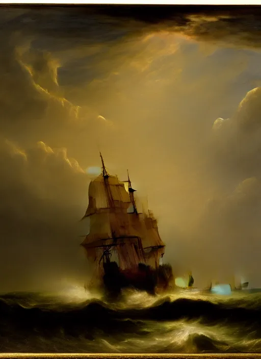 Prompt: an extremely detailed masterpiece of the sailing vessel bonhomme richard with canons discharging in early evening, in the style of j. m. w turner, epic scene, extremely moody lighting, glowing light and shadow, atmospheric, shadowy, cinematic, 4 k