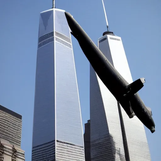 Image similar to Barney the Dinosaur flying a 777 right into one of the world trade center buildings