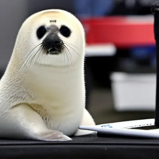 Image similar to a baby harp seal with black fur looking at plans for a nuclear bomb, sitting inside an office at a luxury resort in florida, ap news