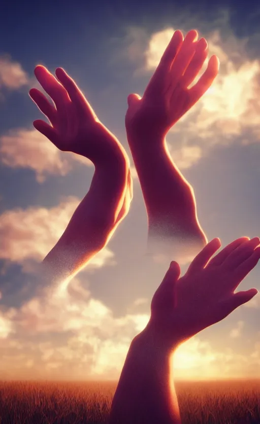 Image similar to floating pair of hands in the sky, stunning vaporwave surreal render, volumetric lighting, golden hour, highly detailed, cgsociety