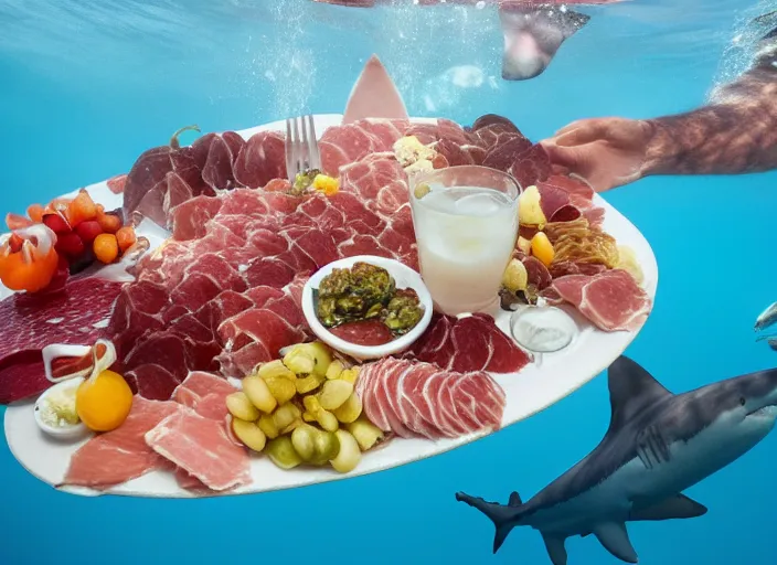 Image similar to underwater photo still of a great white shark eating a charcuterie platter, 8 k