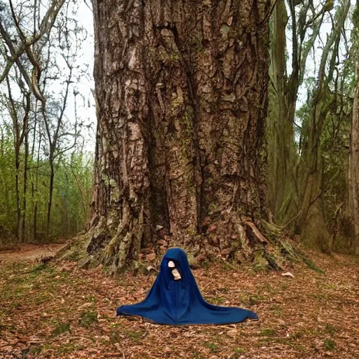 Image similar to lizard human nomad resting against a tree wearing a medieval cloak, photograph captured in the woods