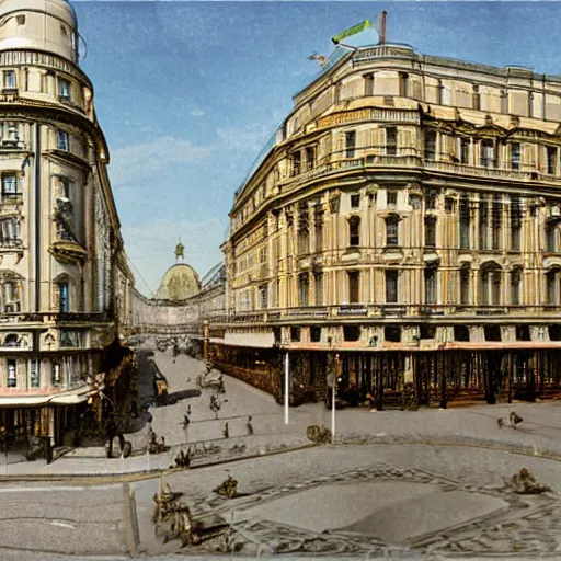 Prompt: 3D Rendering of Vienna Ringstrasse in the year 1900, realistic photo, in colour, street photography